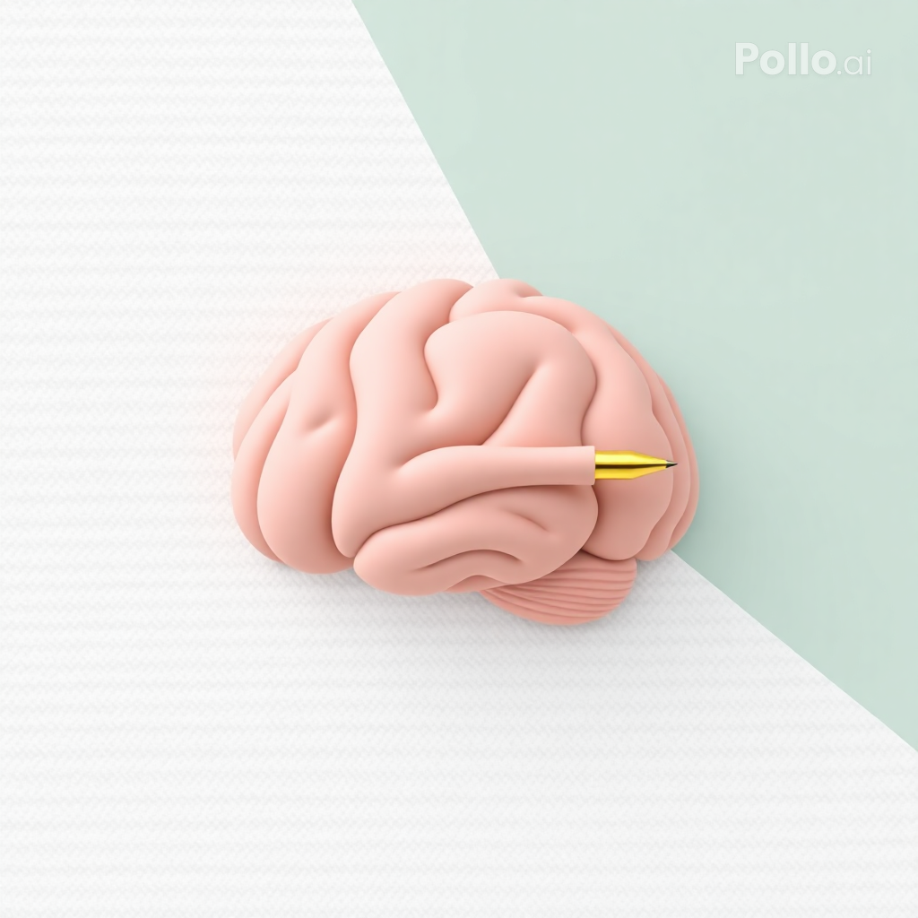 "Cartel minimalista escandinavo: silueta de cerebro rosa pastel con pluma dorada, para blog de escritura y tecnología."