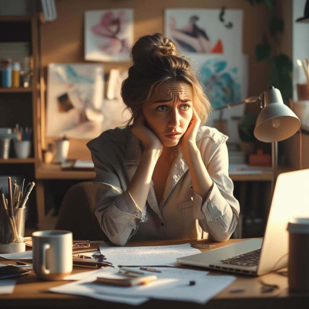 Mujer artista o autónoma creativa sentada frente al ordenador, pensativa, rodeada de materiales artísticos en un ambiente acogedor, intentando escribir su página sobre mí.