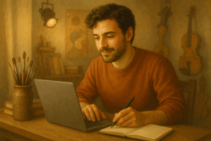 Persona creativa escribiendo su biografía artística