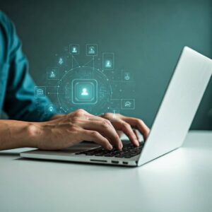 Mujer autónoma escribiendo en laptop con notas de estrategias de redacción web