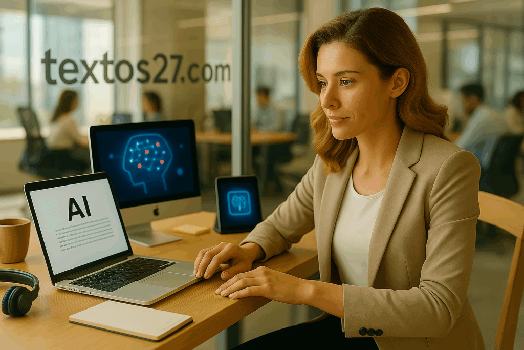 Fotografía hiperrealista de un profesional liberal en una oficina moderna, trabajando en su ordenador con inteligencia artificial. En el fondo, empleados colaboran mientras un cristal con el vinilo 'textos27.com' refuerza la identidad de la empresa. La iluminación es equilibrada, con tonos cálidos y una composición profesional que transmite creatividad y tecnología.